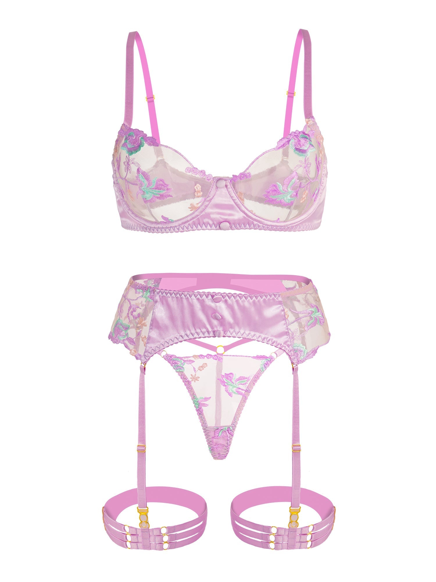 Purple Mesh Embroidered Floral Lingerie Set Garter Belt Hello.LA.Girl